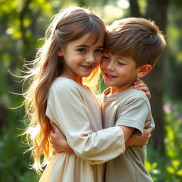 A tender moment between a girl and a boy, capturing an intimate scene where they share a gentle, warm embrace in a beautiful natural setting
