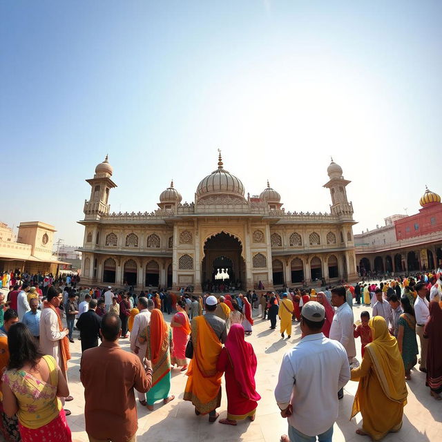 A panoramic view of the Ajmer Sharif Dargah, showcasing its magnificent architecture, intricate marble screens, and the vibrant energy of the pilgrims and visitors