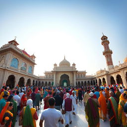 A panoramic view of the Ajmer Sharif Dargah, showcasing its magnificent architecture, intricate marble screens, and the vibrant energy of the pilgrims and visitors