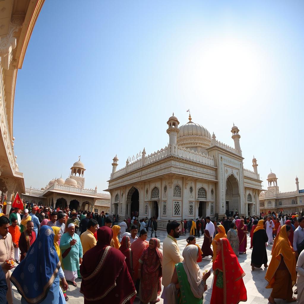 A panoramic view of the Ajmer Sharif Dargah, showcasing its magnificent architecture, intricate marble screens, and the vibrant energy of the pilgrims and visitors