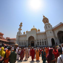 A panoramic view of the Ajmer Sharif Dargah, showcasing its magnificent architecture, intricate marble screens, and the vibrant energy of the pilgrims and visitors