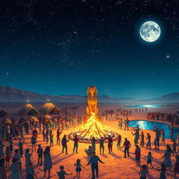 A mesmerizing desert scene at night, illuminated by an epic bonfire at the center, surrounded by hundreds of joyous people dancing and celebrating