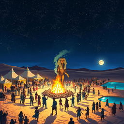 A mesmerizing desert scene at night, illuminated by an epic bonfire at the center, surrounded by hundreds of joyous people dancing and celebrating