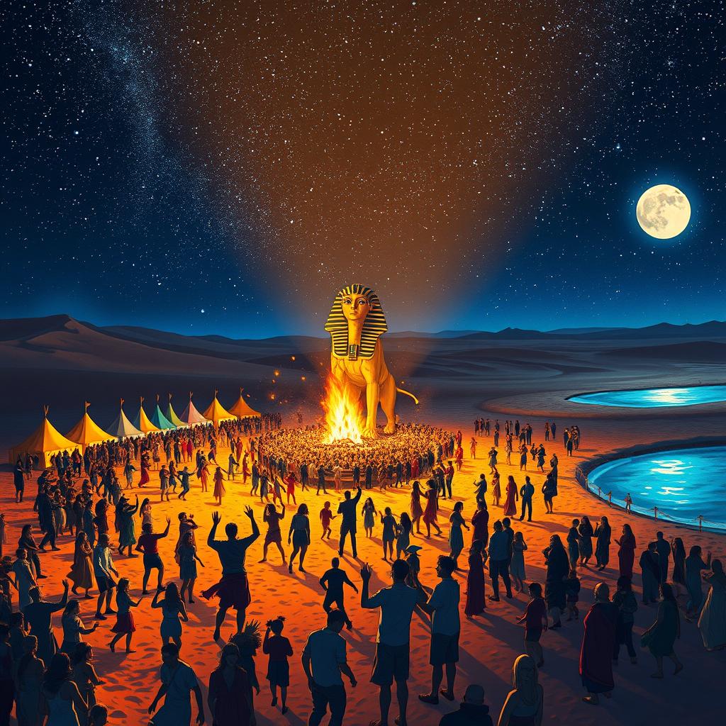 A mesmerizing desert scene at night, illuminated by an epic bonfire at the center, surrounded by hundreds of joyous people dancing and celebrating