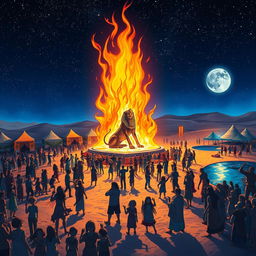 A mesmerizing desert scene at night, illuminated by an epic bonfire at the center, surrounded by hundreds of joyous people dancing and celebrating