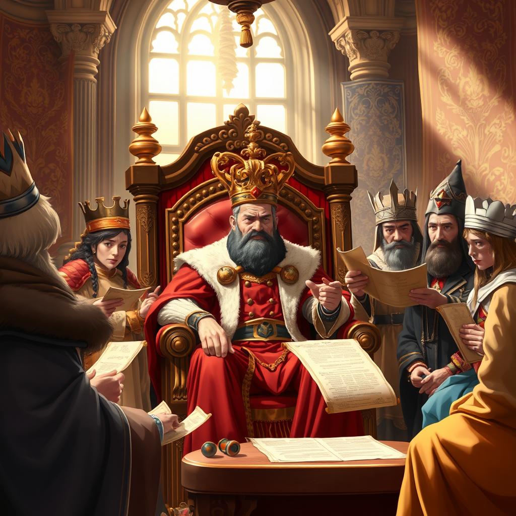 A regal scene in a grand throne room, where a displeased king sits on an ornate throne, adorned in rich robes and a golden crown