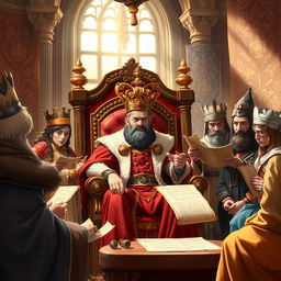 A regal scene in a grand throne room, where a displeased king sits on an ornate throne, adorned in rich robes and a golden crown