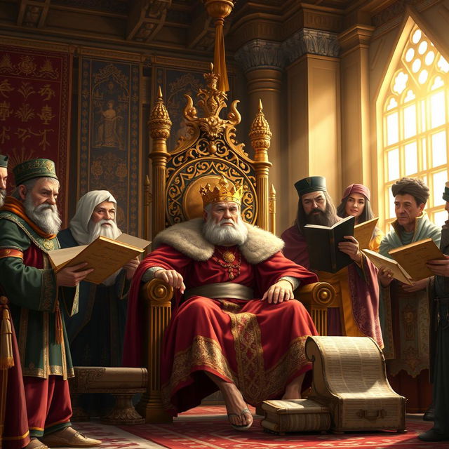 A regal scene in a grand throne room, where a displeased king sits on an ornate throne, adorned in rich robes and a golden crown