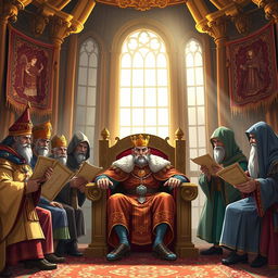 A regal scene in a grand throne room, where a displeased king sits on an ornate throne, adorned in rich robes and a golden crown