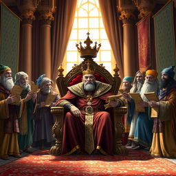 A regal scene in a grand throne room, where a displeased king sits on an ornate throne, adorned in rich robes and a golden crown