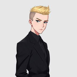 A young handsome anime man with a stylish buzz cut hairstyle, pale skin, and striking features