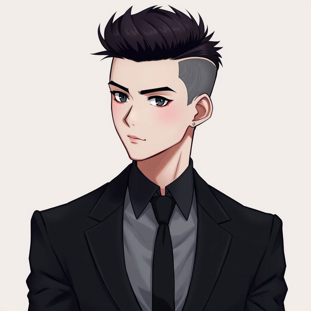 A young handsome anime man with a stylish buzz cut hairstyle, pale skin, and striking features