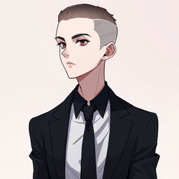 A young handsome anime man with a stylish buzz cut hairstyle, pale skin, and striking features