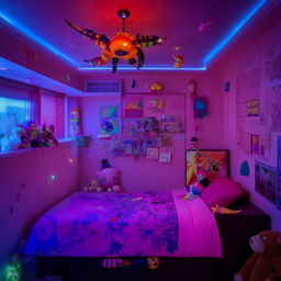 A fresh, vibrant room featuring a double bed, a neon light, a ceiling with LED lights, space for action figures and stuffed toys, and a wall adorned with anime posters.