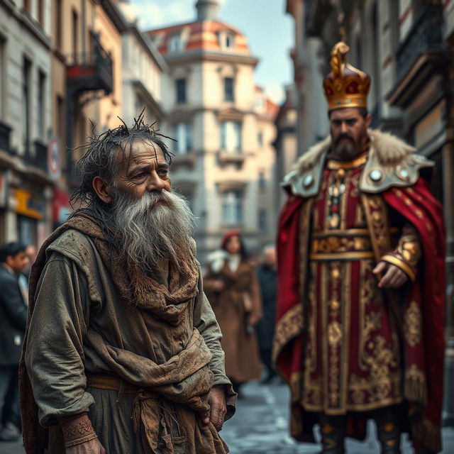 A scene depicting a city street with a beggar standing in the foreground, wearing ragged and dirty clothes, with his head smeared with mud