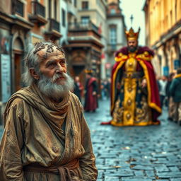 A scene depicting a city street with a beggar standing in the foreground, wearing ragged and dirty clothes, with his head smeared with mud