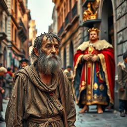 A scene depicting a city street with a beggar standing in the foreground, wearing ragged and dirty clothes, with his head smeared with mud