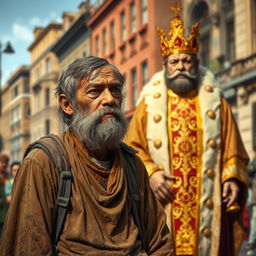 A scene depicting a city street with a beggar standing in the foreground, wearing ragged and dirty clothes, with his head smeared with mud