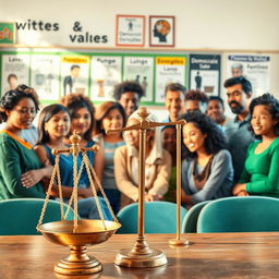 A vibrant and educational scene depicting civic education and democratic values