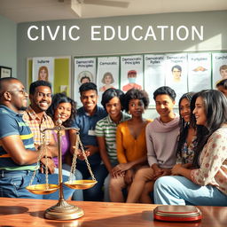 A vibrant and educational scene depicting civic education and democratic values