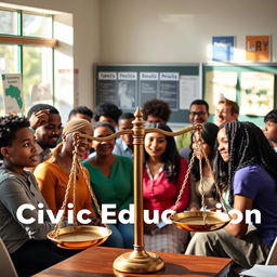 A vibrant and educational scene depicting civic education and democratic values