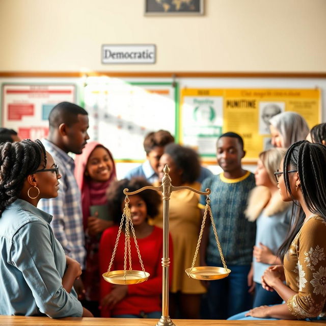 A vibrant and educational scene depicting civic education and democratic values