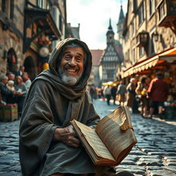 A scene depicting a beggar with a wise and joyful expression, smiling brightly while sitting on a cobblestone street