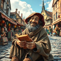 A scene depicting a beggar with a wise and joyful expression, smiling brightly while sitting on a cobblestone street