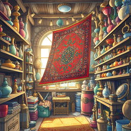 A whimsical scene set in a cluttered shop filled with various trinkets and treasures, featuring a fancy flying Persian rug hovering gracefully in the air