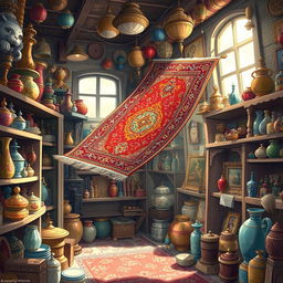 A whimsical scene set in a cluttered shop filled with various trinkets and treasures, featuring a fancy flying Persian rug hovering gracefully in the air