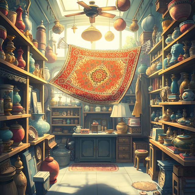 A whimsical scene set in a cluttered shop filled with various trinkets and treasures, featuring a fancy flying Persian rug hovering gracefully in the air