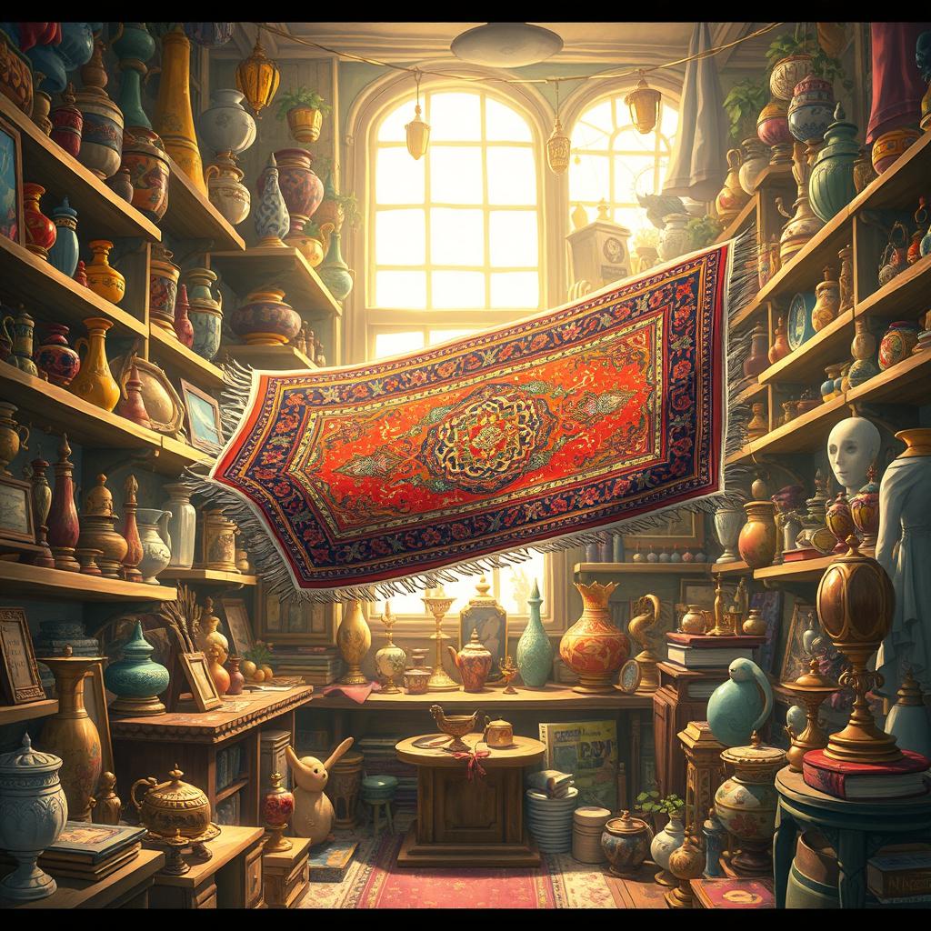 A whimsical scene set in a cluttered shop filled with various trinkets and treasures, featuring a fancy flying Persian rug hovering gracefully in the air