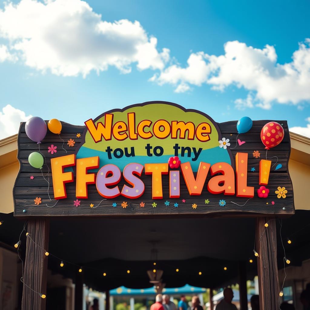 A vibrant welcome signboard for a community festival, featuring bold, colorful lettering that reads 'Welcome to the Festival!', surrounded by playful illustrations of balloons, confetti, and flowers