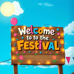 A vibrant welcome signboard for a community festival, featuring bold, colorful lettering that reads 'Welcome to the Festival!', surrounded by playful illustrations of balloons, confetti, and flowers