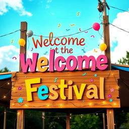 A vibrant welcome signboard for a community festival, featuring bold, colorful lettering that reads 'Welcome to the Festival!', surrounded by playful illustrations of balloons, confetti, and flowers