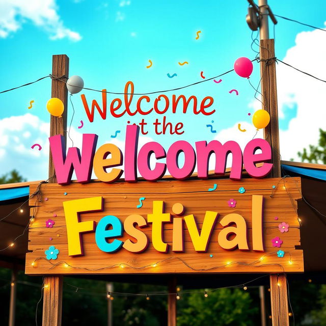 A vibrant welcome signboard for a community festival, featuring bold, colorful lettering that reads 'Welcome to the Festival!', surrounded by playful illustrations of balloons, confetti, and flowers