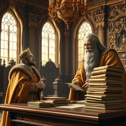 A regal king in an elaborate royal palace, looking astonished and curious, turning towards a wise sage dressed in flowing robes