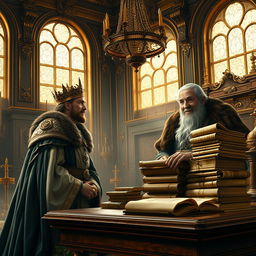 A regal king in an elaborate royal palace, looking astonished and curious, turning towards a wise sage dressed in flowing robes