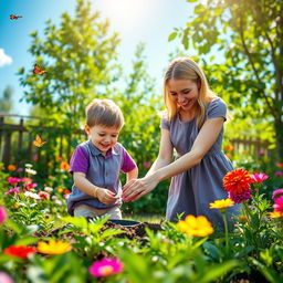 A charming scene featuring a young boy dressed in a vibrant purple shirt, energetically helping a grey-dressed young lady as she sprinkles seeds into a small hole they’ve just dug