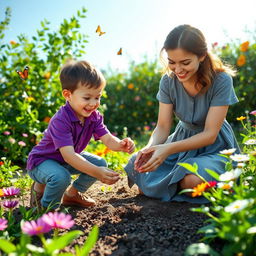A charming scene featuring a young boy dressed in a vibrant purple shirt, energetically helping a grey-dressed young lady as she sprinkles seeds into a small hole they’ve just dug