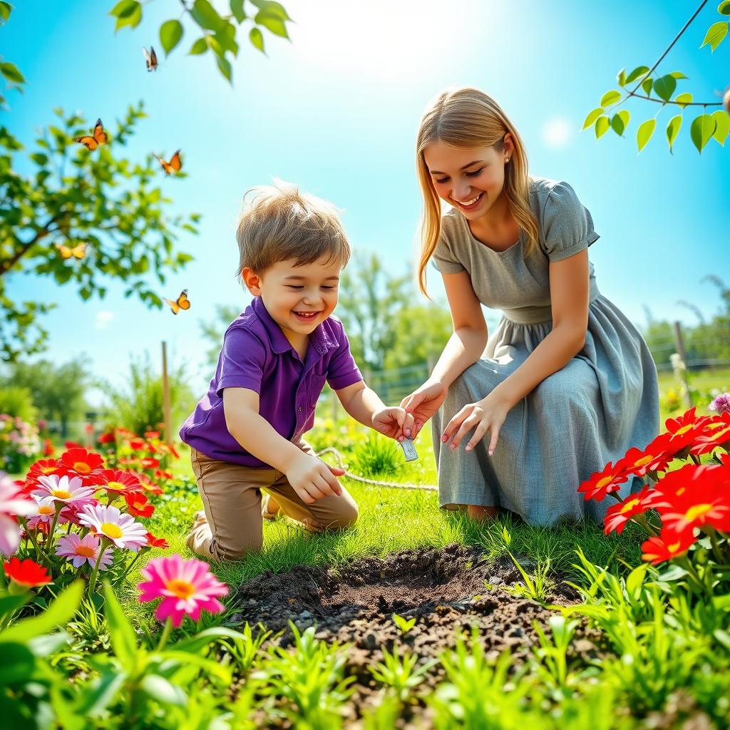 A charming scene featuring a young boy dressed in a vibrant purple shirt, energetically helping a grey-dressed young lady as she sprinkles seeds into a small hole they’ve just dug