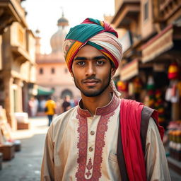 A portrait of a young Ajmeri man with a humble demeanor, dressed in traditional Rajasthani attire, including a colorful turban and embroidered kurta