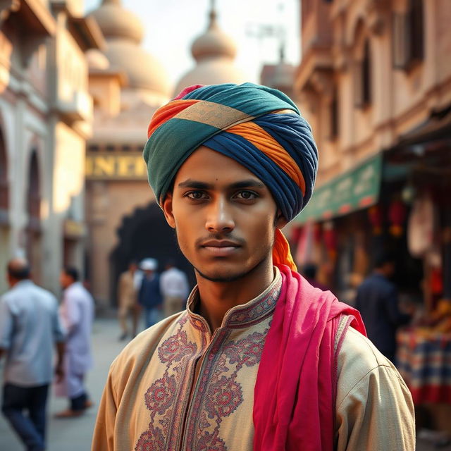 A portrait of a young Ajmeri man with a humble demeanor, dressed in traditional Rajasthani attire, including a colorful turban and embroidered kurta