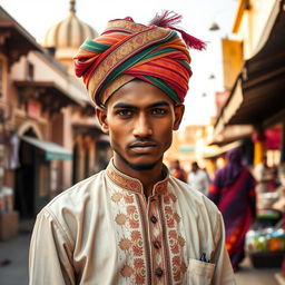 A portrait of a young Ajmeri man with a humble demeanor, dressed in traditional Rajasthani attire, including a colorful turban and embroidered kurta