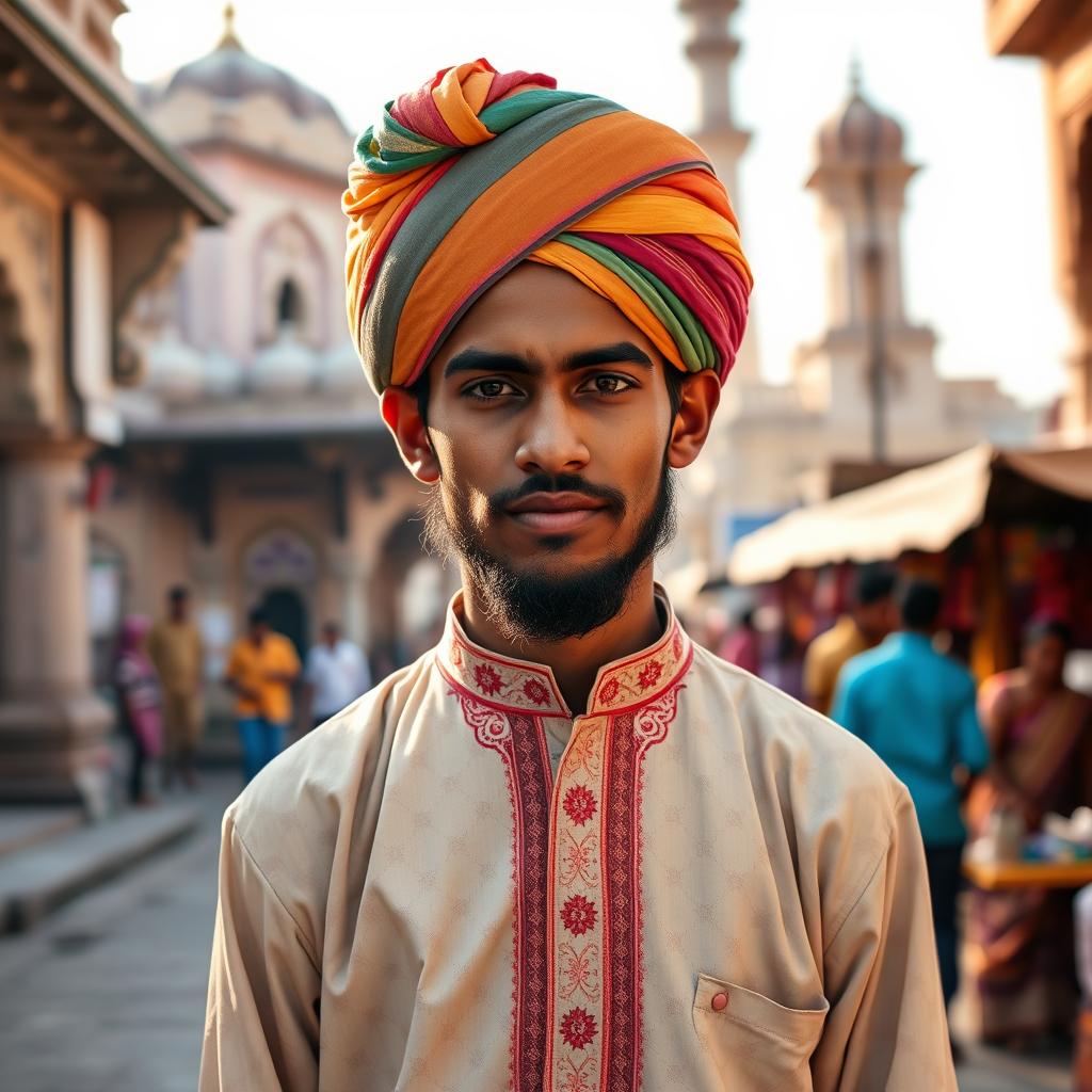 A portrait of a young Ajmeri man with a humble demeanor, dressed in traditional Rajasthani attire, including a colorful turban and embroidered kurta