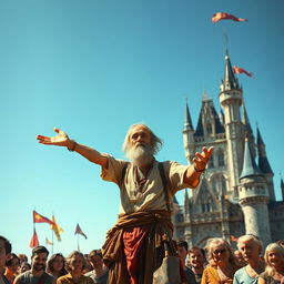 A wise yet humble beggar with a weathered face and tattered clothes, standing confidently in front of a grand castle