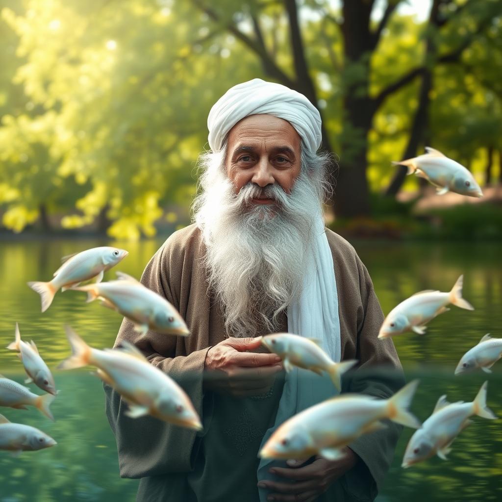 An elderly Sufi saint, Ajmeri Khawaja Greeb Nawaj, depicted in a serene setting, surrounded by white fish gracefully swimming in clear water