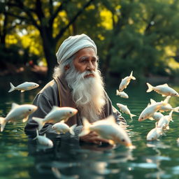 An elderly Sufi saint, Ajmeri Khawaja Greeb Nawaj, depicted in a serene setting, surrounded by white fish gracefully swimming in clear water