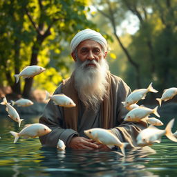 An elderly Sufi saint, Ajmeri Khawaja Greeb Nawaj, depicted in a serene setting, surrounded by white fish gracefully swimming in clear water