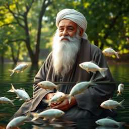 An elderly Sufi saint, Ajmeri Khawaja Greeb Nawaj, depicted in a serene setting, surrounded by white fish gracefully swimming in clear water